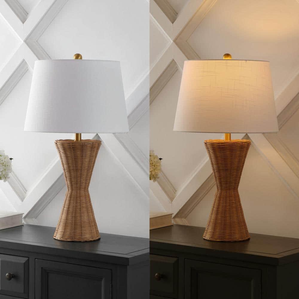 Laura 27 in. Coastal Designer Iron/Rattan Wicker LED Table Lamp Set with Rattan Base and Linen Shade, Natural (Set of 2)