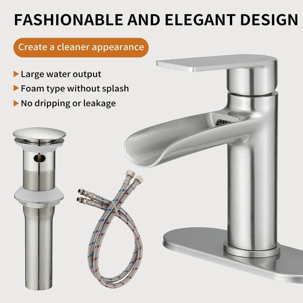 BWE Bathroom Faucets Waterfall Bathroom Faucet with Pop Up Drain for Bathroom Sink Single Hole Farmhouse RV Bathroom Basin Faucet Brushed Nickel