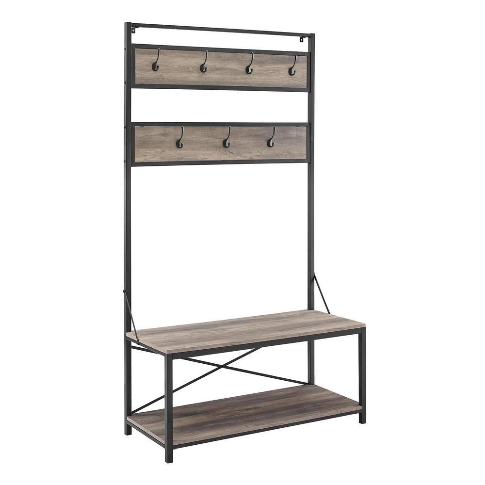 72" Gray Wash Industrial Metal and Wood Hall Tree with Bench