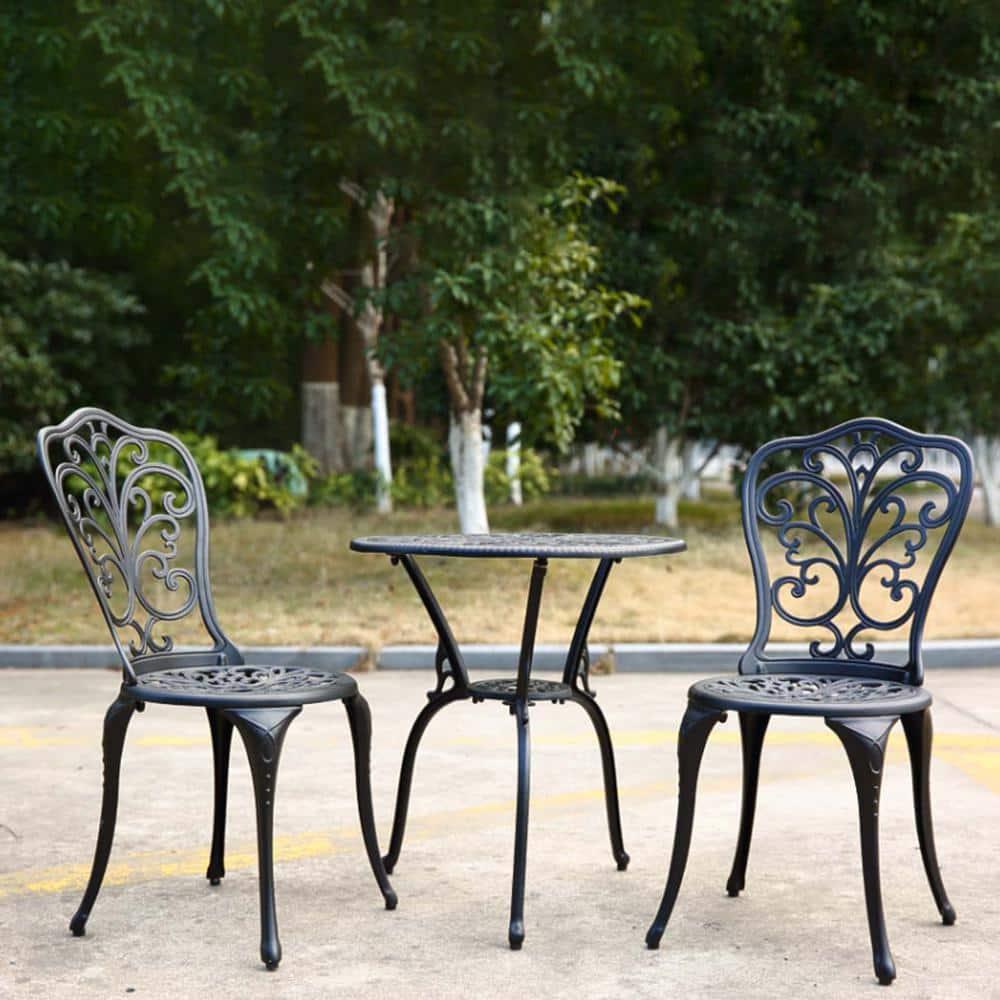 Black Cast Aluminum 3-Piece Outdoor Bistro Set with Round Table
