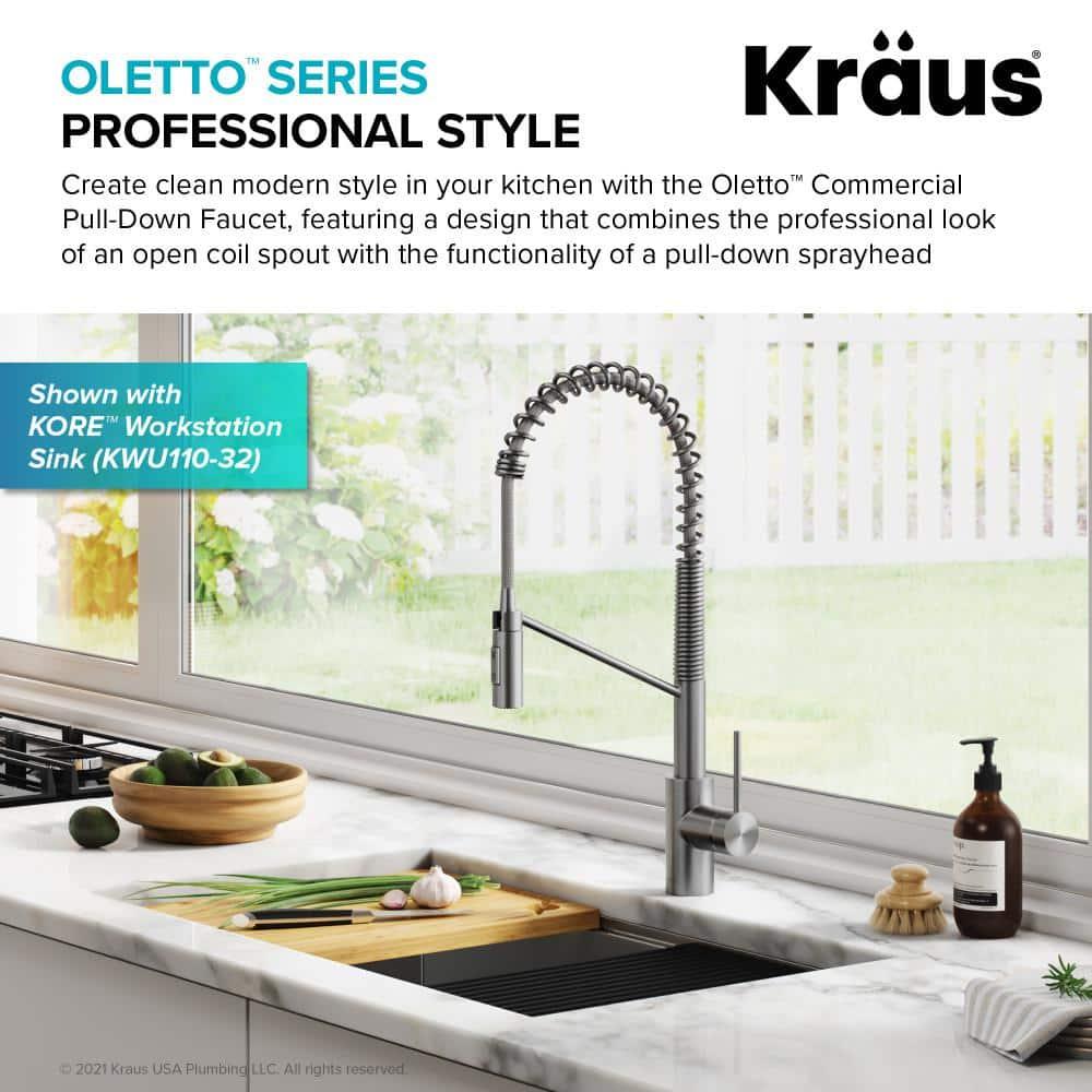 KRAUS Oletto Commercial Style Single Handle Pull Down Kitchen Faucet with QuickDock Top Mount Installation Assembly
