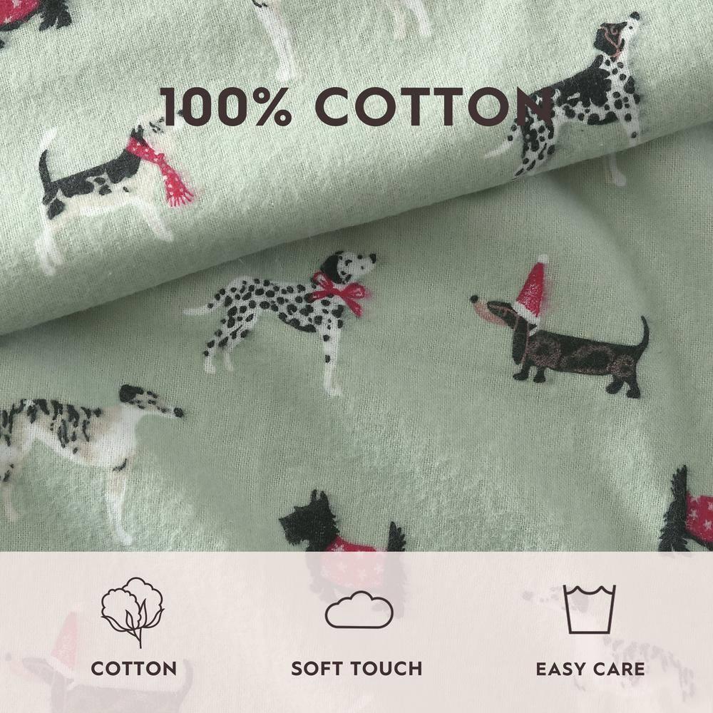 Holiday Pups Green Cotton Flannel Full Sheet Set