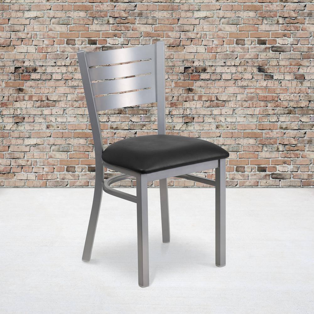 Flash Furniture HERCULES Series Silver Slat Back Metal Restaurant Chair - Black Vinyl Seat