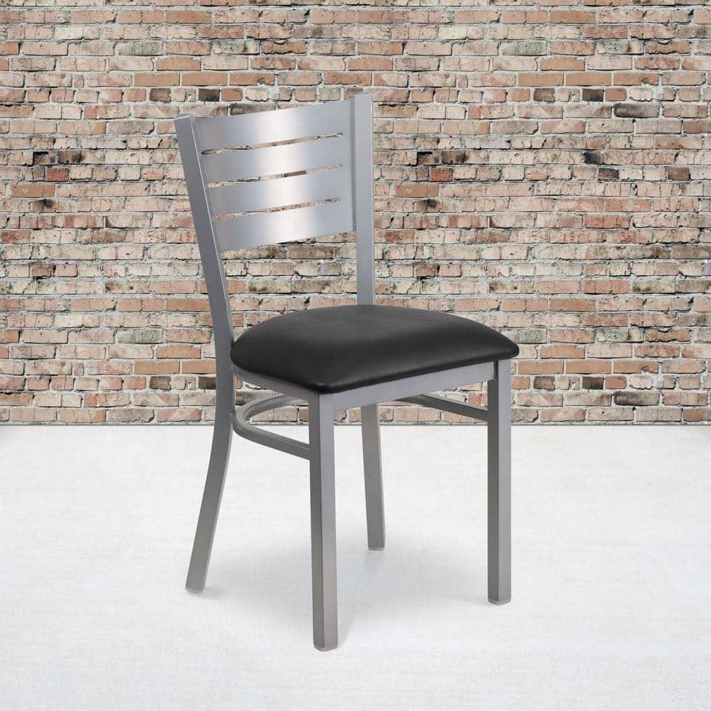 Flash Furniture HERCULES Series Silver Slat Back Metal Restaurant Chair - Black Vinyl Seat