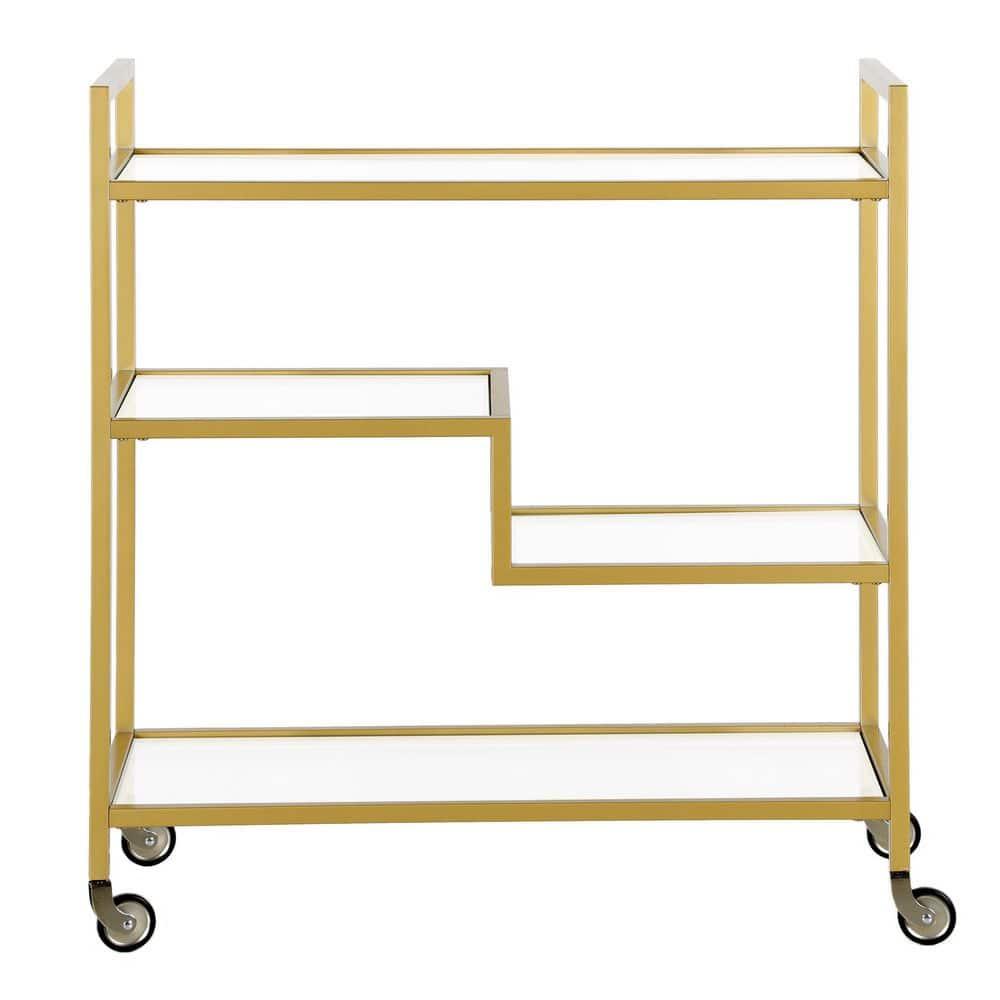 Evelyn&Zoe Lovett 33" Wide Rectangular Bar Cart with Glass Shelves, Brass