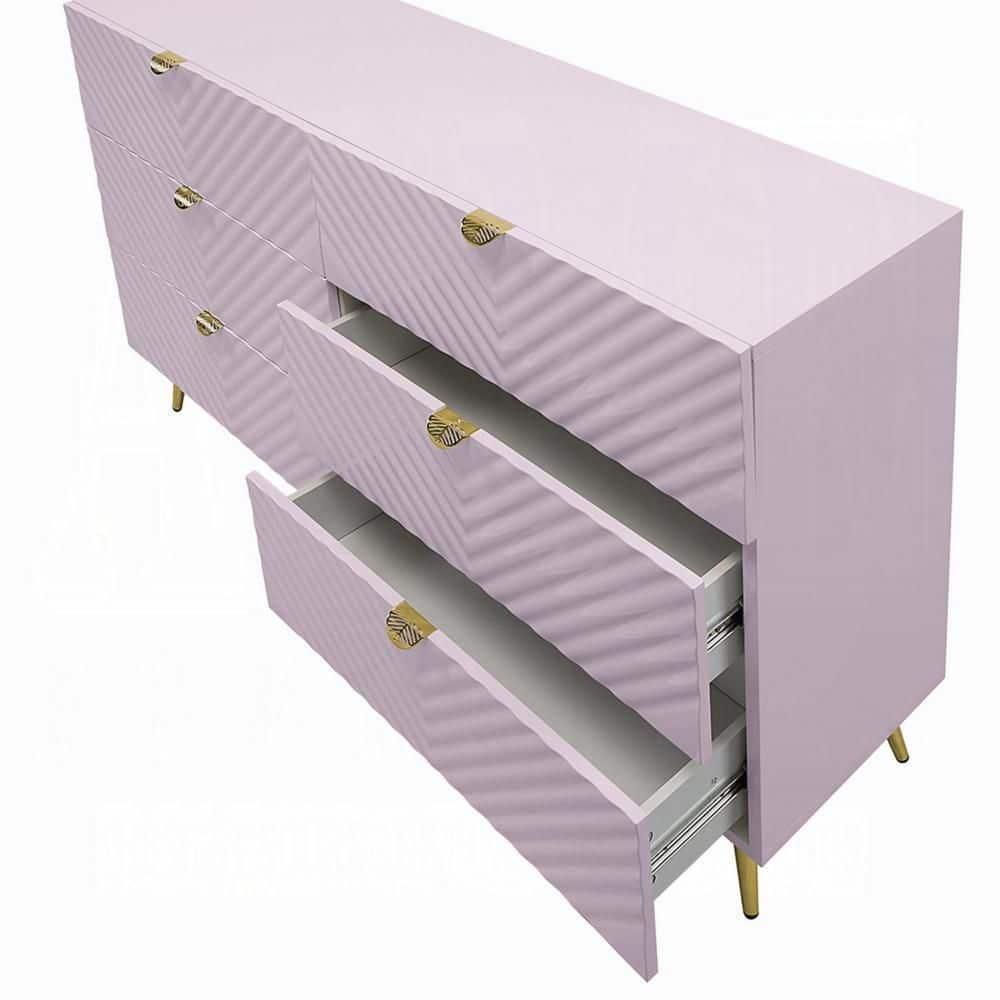 Benjara Tyra Wide Dresser, 6 Drawers, Gold Legs, Gloss Pink Chevron Pattern