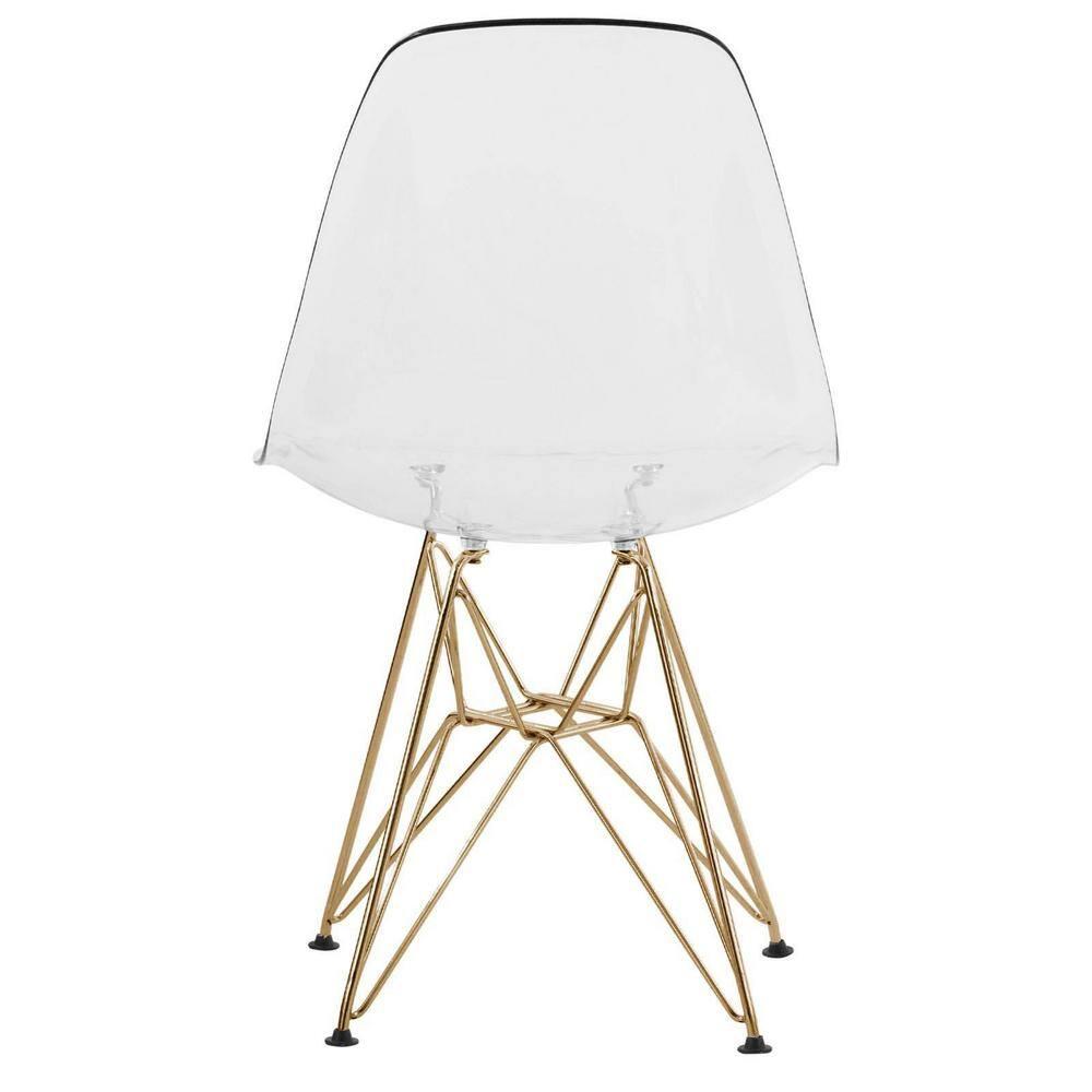 LeisureMod 5-Piece Dining Set with 35" Round Dining Table in White Iron Pedestal Base and 4 ABS Plastic Side Chair with Gold Base, Clear