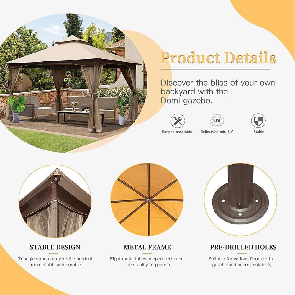 10'x13' Gazebo, Outdoor Gazebo with Netting, Metal Frame Double Roof Soft Top Patio Gazebo Canopy Tent for Deck Backyard Garden Lawns (Khaki)
