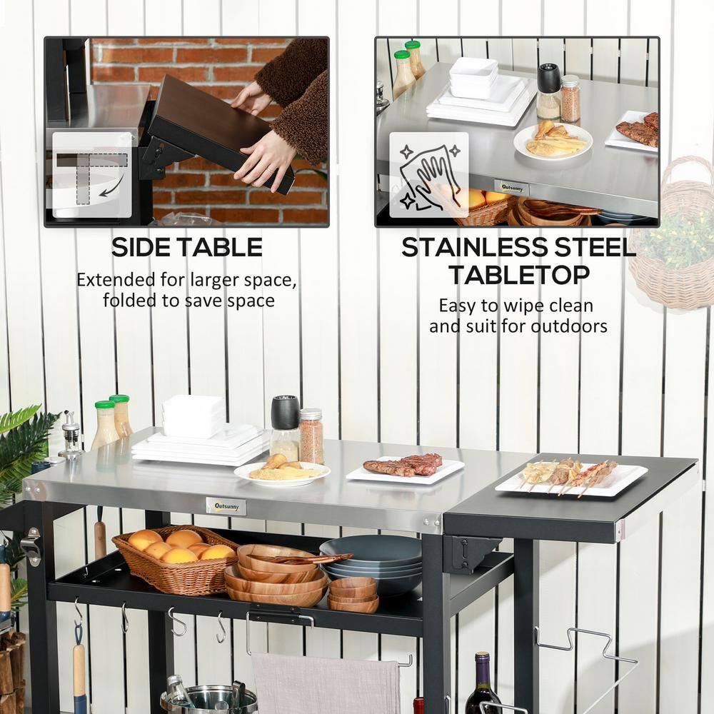 Outdoor Grill Cart with Foldable Side Table, 46" x 21.75" Multifunctional Stainless Steel Pizza Oven Stand with Three-Shelf, Movable Food Prep Table on Wheels, Black