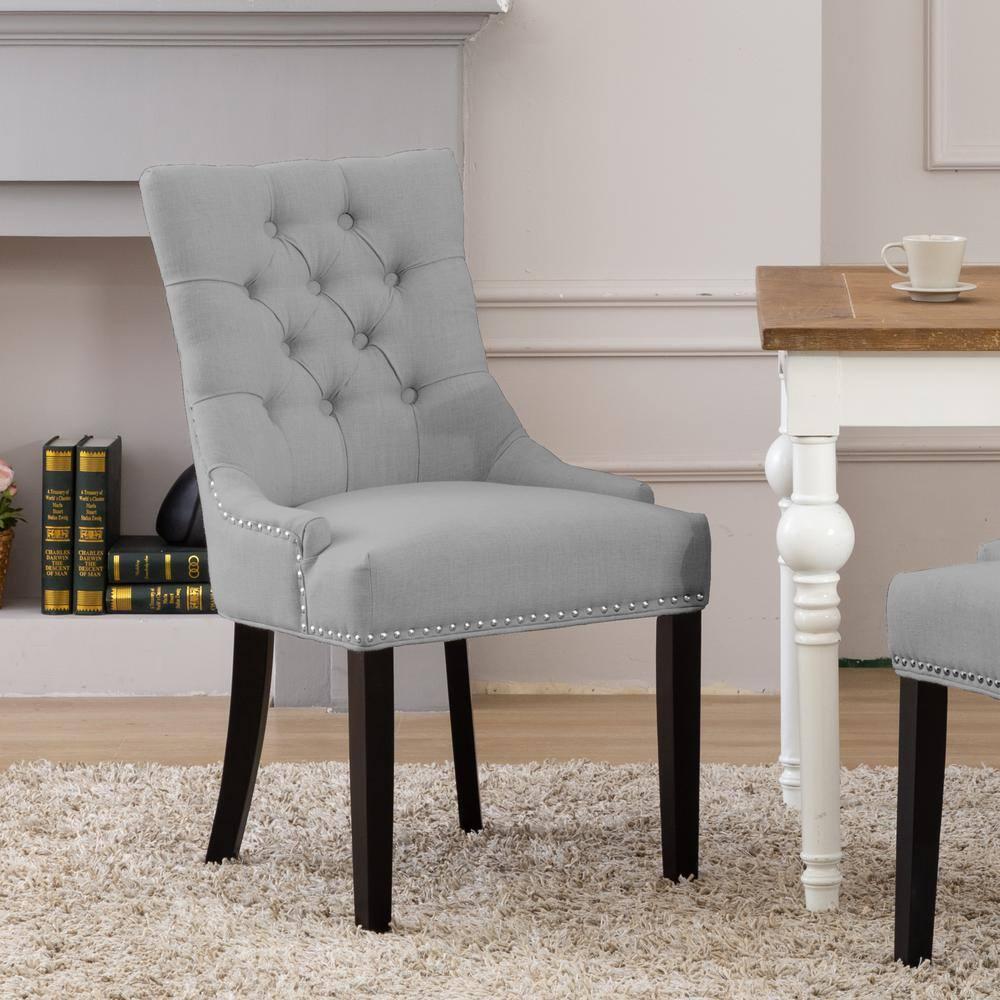 Polytrends Grandview Tufted Upholstered Linen Fabric Dining Chair Sloped Arm Grey Rubberwood, Acacia Nailheads, Tufted Modern & Contemporary, Rustic,