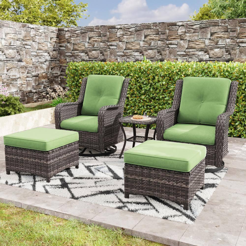 MeetLeisure 5 Pieces Outdoor Furniture Patio Furniture Set with Two Swivel Rocking Chairs,Two Ottomans, One Side Table, Green