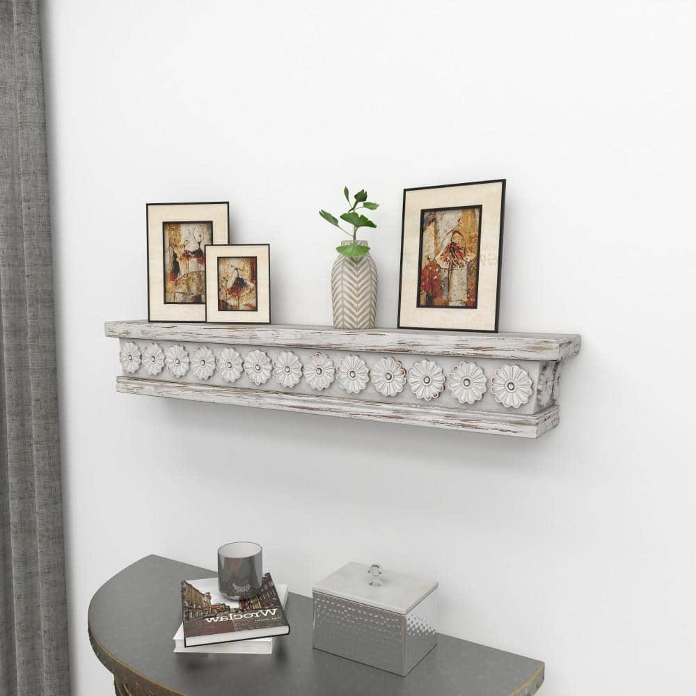 DecMode 36" x 5" Intricate Carved 1-Tier White Floral Wall Shelf