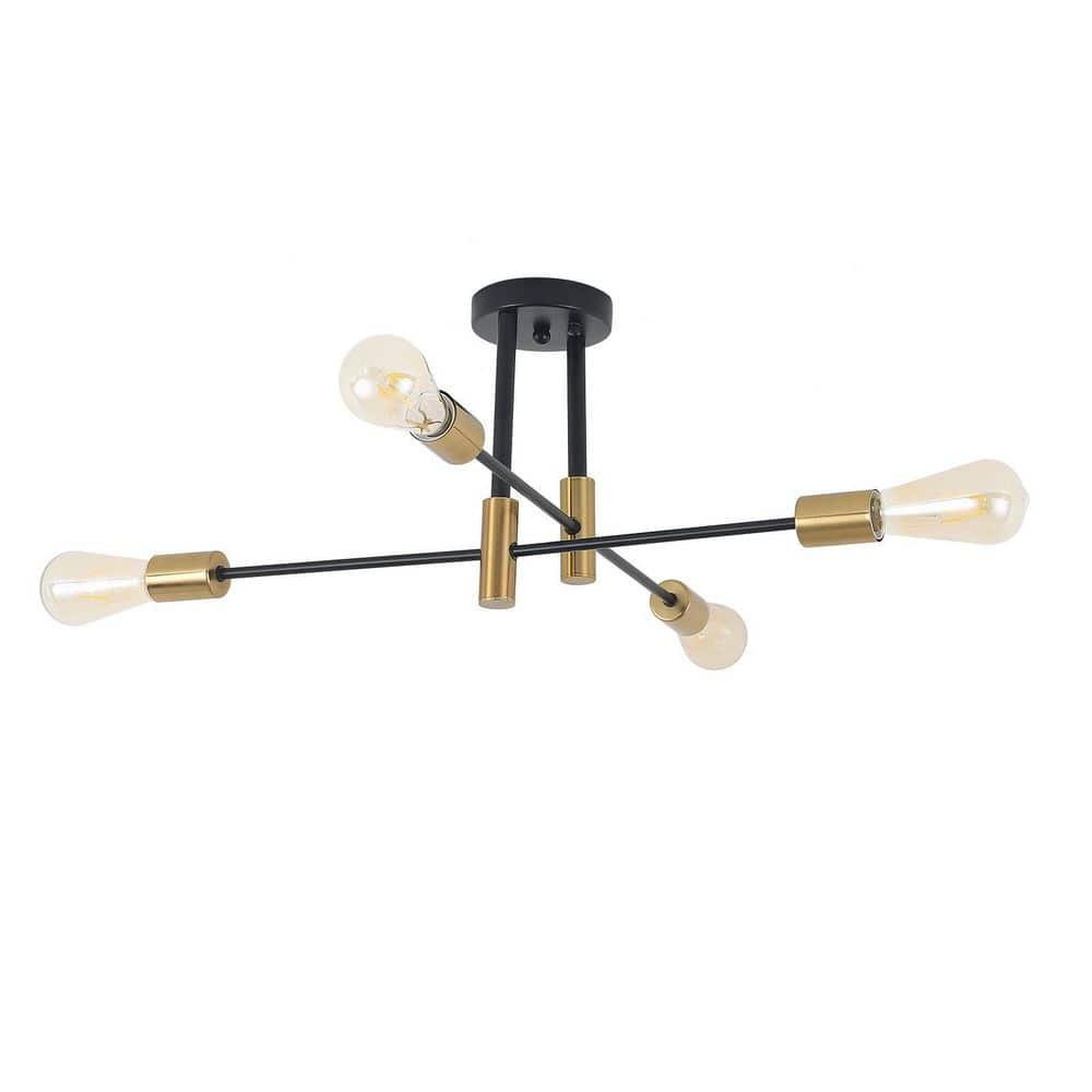 Sputnik Chandelier - 4-Light Semi Flush Mount Ceiling Light Fixture,Mid Century Modern Hanging Light Fixtures,Black and Gold Chandeliers for Dining Room Bedroom Living Room Kitchen Foyer