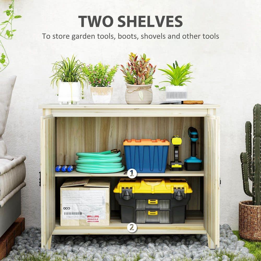 Outsunny Wood Outdoor Storage Cabinet, Compact Garden Shed Potting Shed with Shelf and Double Doors, Natural Wood
