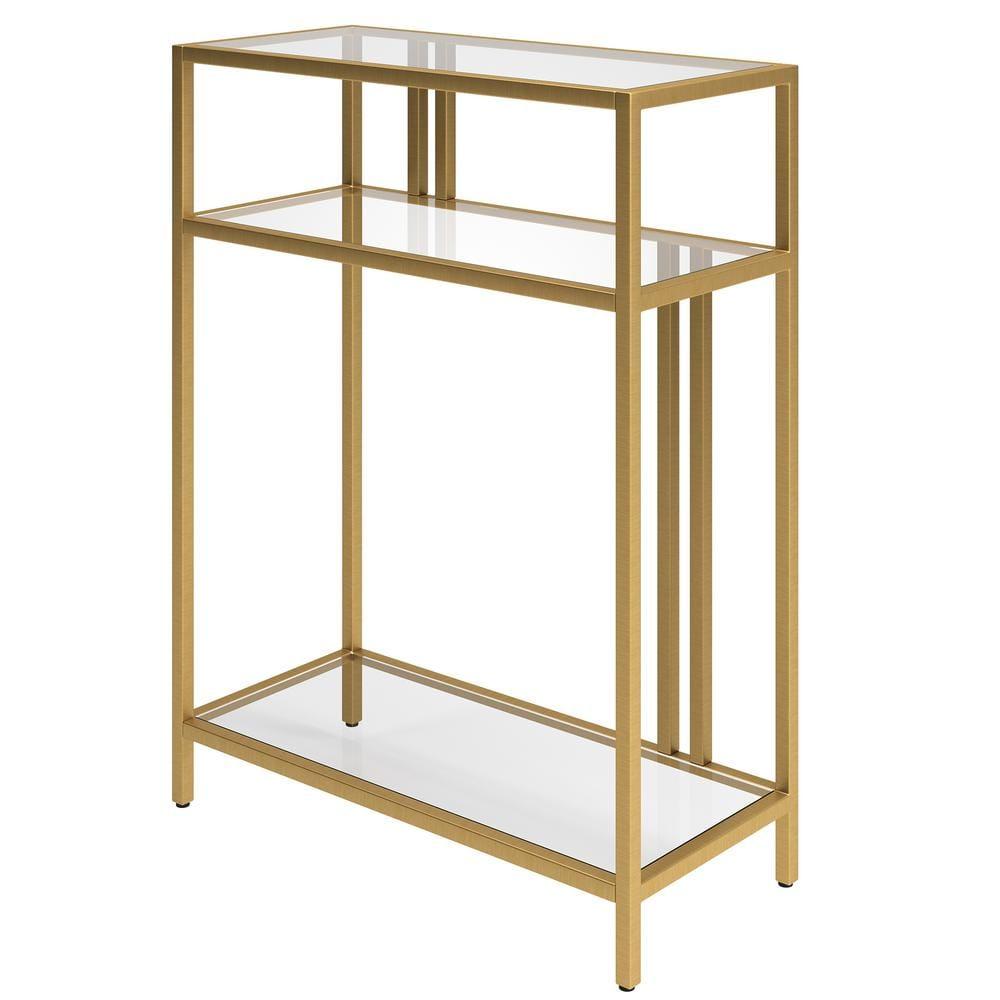 Evelyn&Zoe Cortland 22" Wide Rectangular Console Table with Glass Shelves, Brass