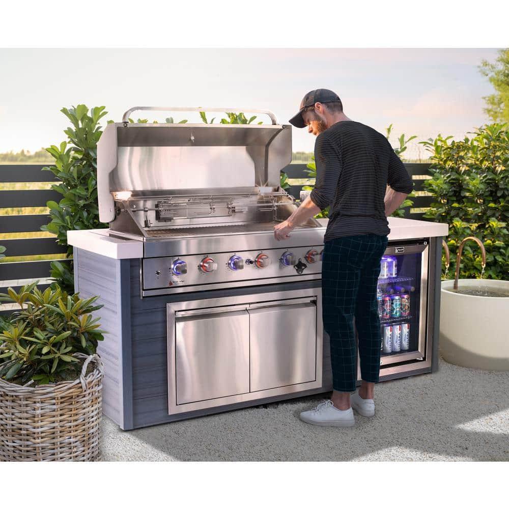 Mont Alpi MA805-AW Artwood Series High Density Polyethylene 6-Burner 87000 BTU Propane Natural Gas Stainless Steel Outdoor Kitchen Island Grill + Granite Countertops + Double Access Doors + Refrigerator