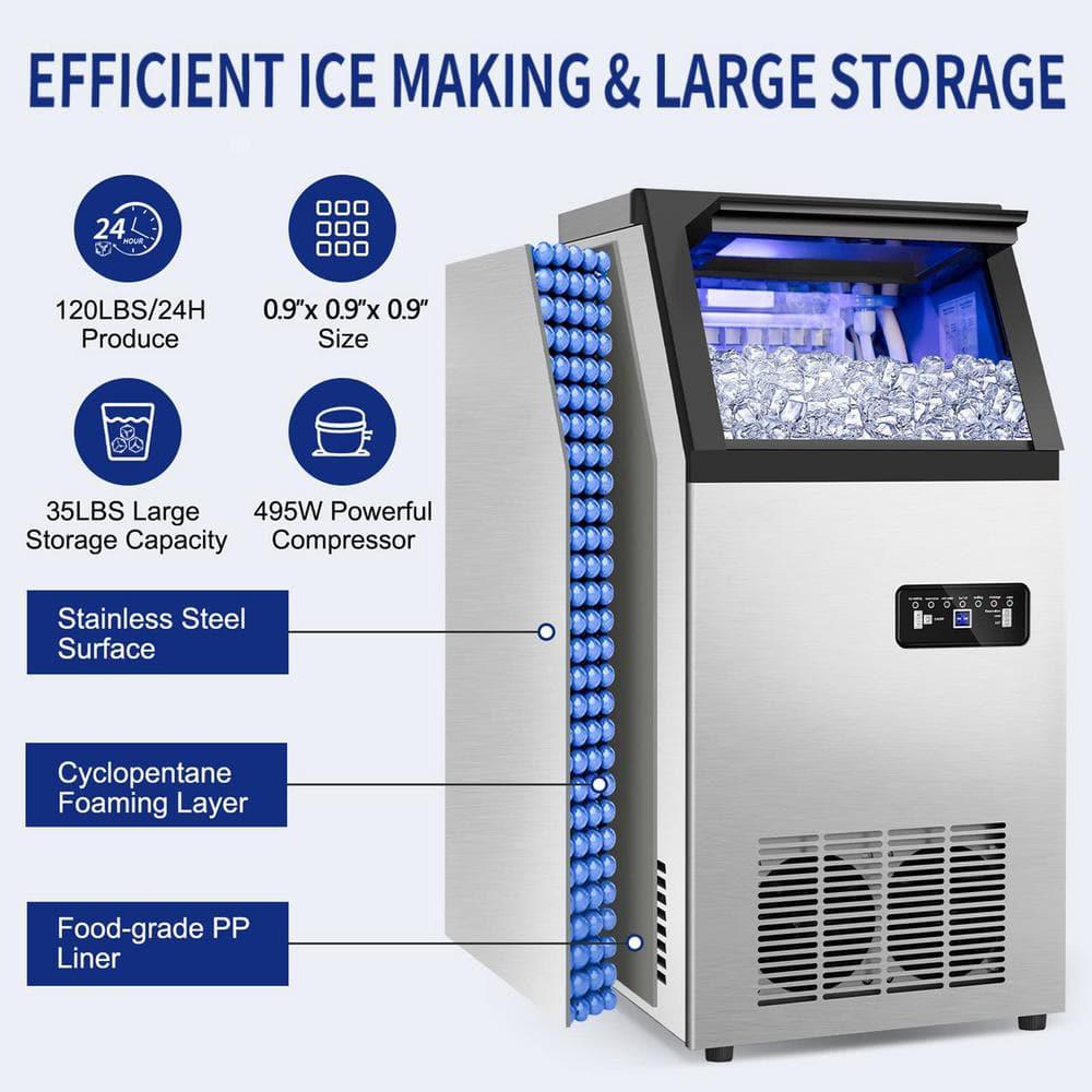 Commercial Maker 120 lb./24 H Freestanding Ice Maker Machine with 35 lbs. Storage, 2 Water Inlet Modes, Stainless Steel