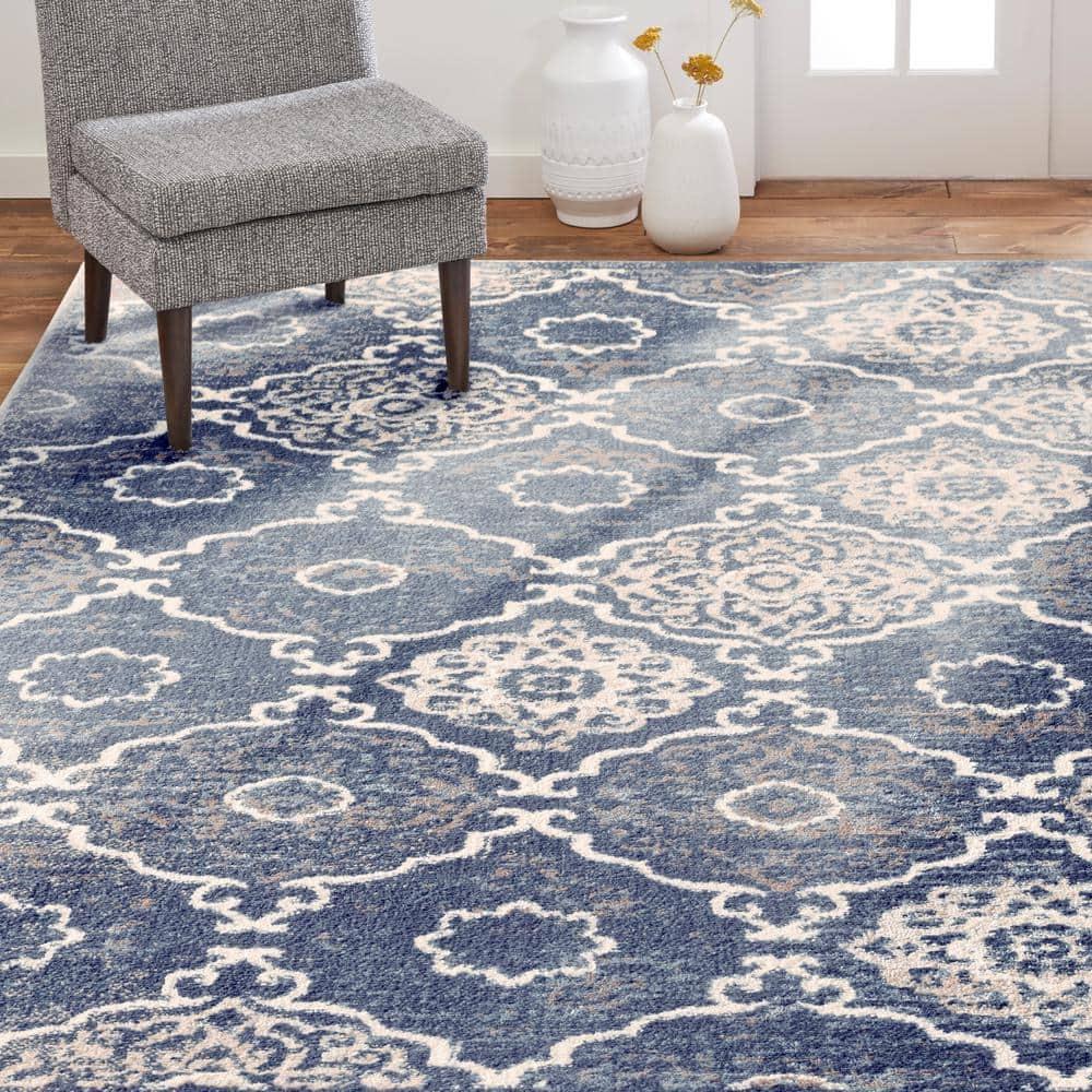 Home Dynamix Boho Andorra Transitional Damask Area Rug, Navy Blue/Ivory, 5'2"x7'2"