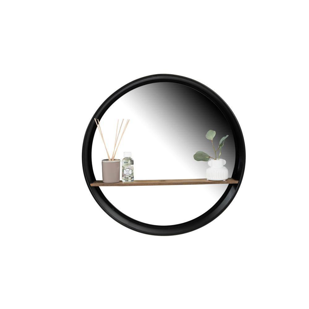 24" Metal/Wood Wall Mirror with Shelf Black - 3R Studios: No Assembly, Modern Decor