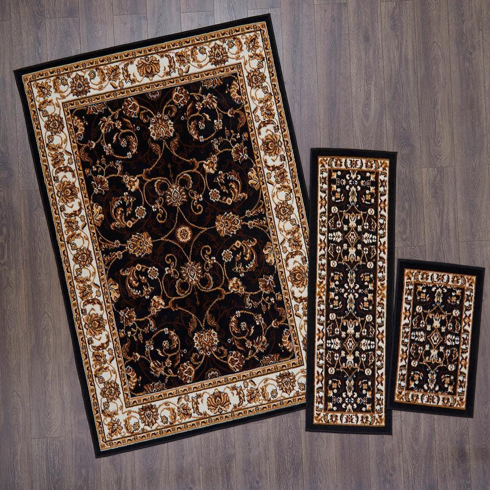 Home Dynamix Ariana Badah Damask Border Area Rug, Black/Ivory, 3-Piece Set