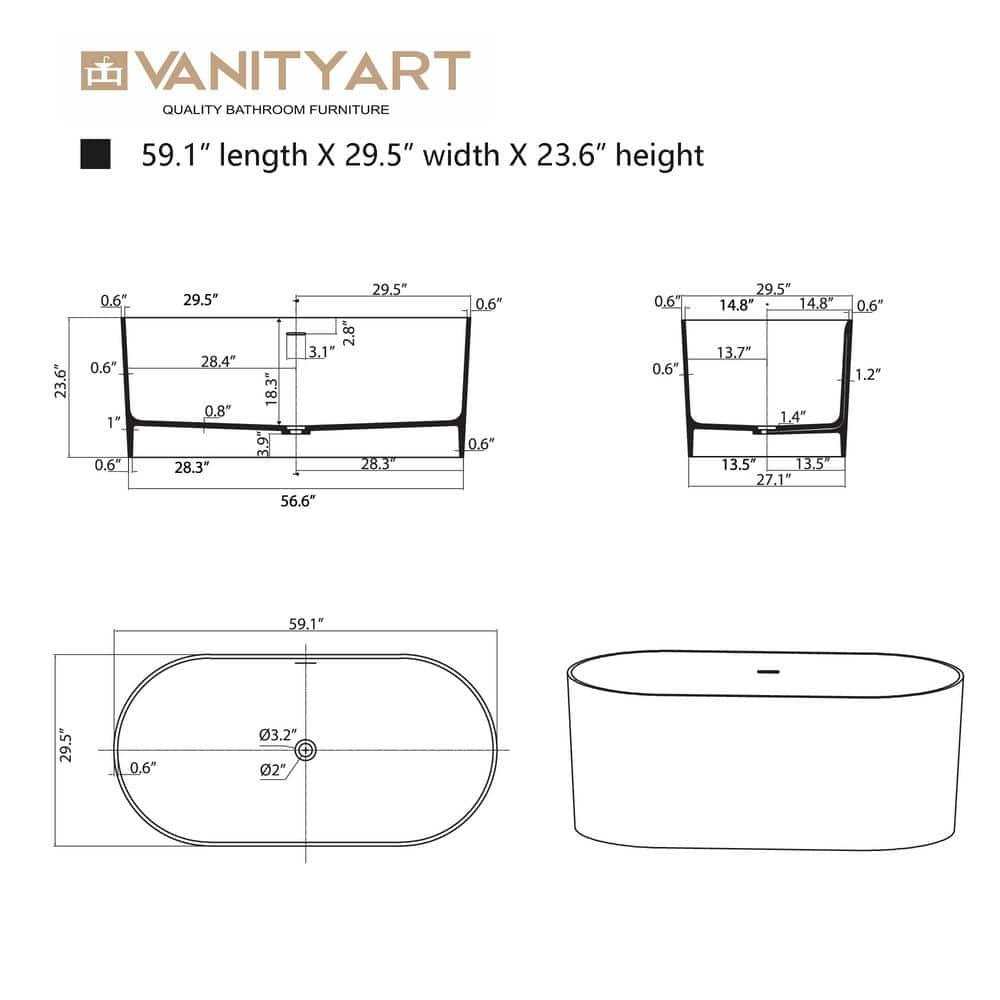 59" x 29.5" Freestanding Soaking Stone Resin Bathtub with Pure White Overflow and Pop Up Drain
