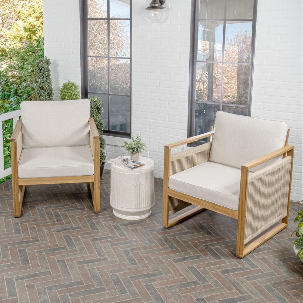 Gable Mid-Century Modern Roped Acacia Wood Outdoor Patio Chair with Cushions, Beige/Light Teak (Set of 2) - JONATHAN Y