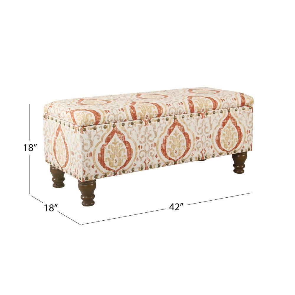 Large Storage Bench with Nailhead Orange/Cream Medallion - HomePop: Upholstered Rectangular Ottoman for Bedroom
