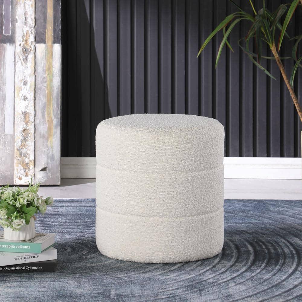 Round Upholstered Ottoman Cream Boucle - HomePop: Textured, No Assembly, 250lb Capacity