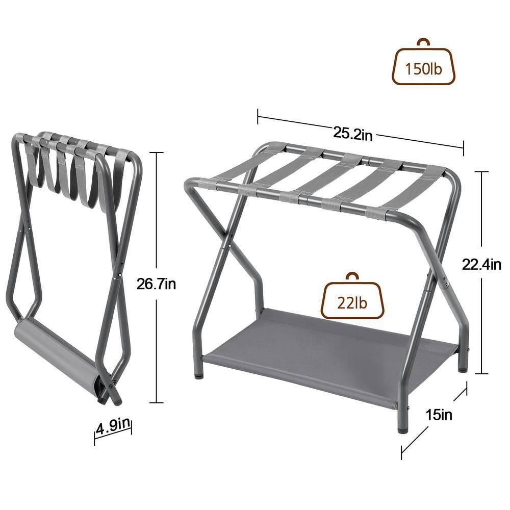 MEBROT Set Of 2, Foldable Suitcase Stands For Guest Room, Metal Luggage Holder With Storage Shelf For Bedroom, Hotel, Easy Assemble