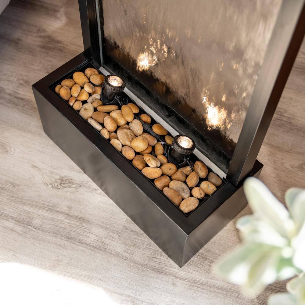 XBrand 68" H Freestanding Modern Indoor/Outdoor Waterfall Fountain w/ Decorative Rocks, LED Lights & Auto-Shut Off Pump, Aluminum/Clear Glass, Black