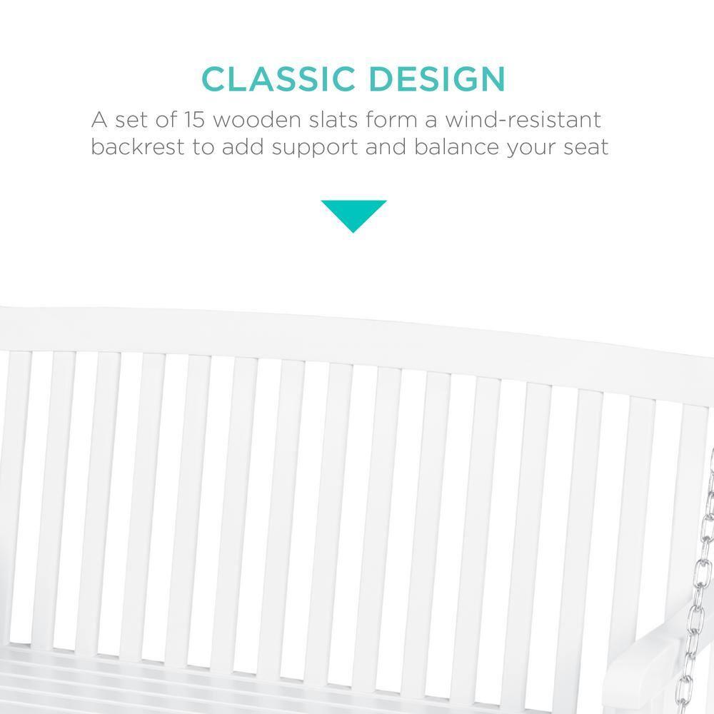 Best Choice Products 48in Wood Porch Swing Outdoor Patio Hanging Bench Chair w/ Mounting Chains, 500lb Capacity - White