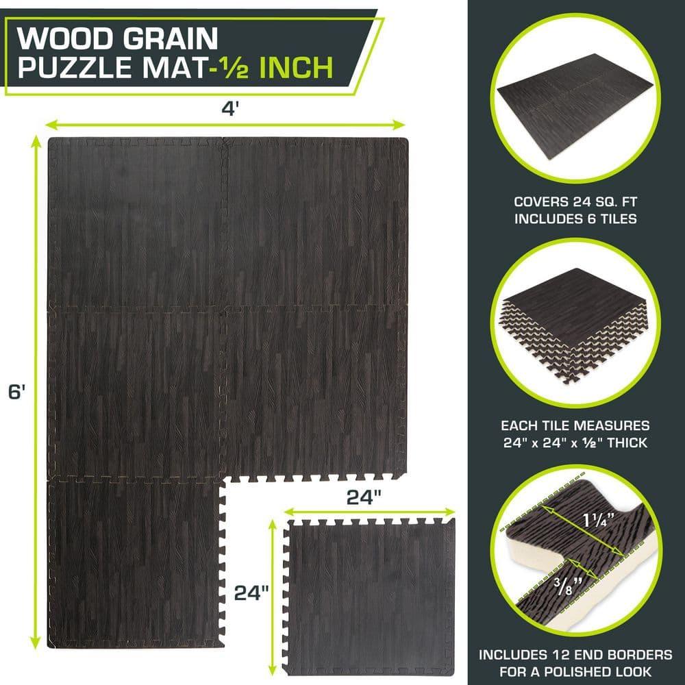 ProsourceFit Wood Grain Puzzle Mat 1/2-in, Carbon Black, 24 Sq Ft - 6 Tiles