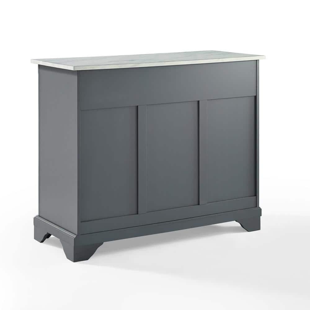 One Allium Way® Kitchen Island With Storage Shelves, Microwave Stand, Coffee Bar, Gray - Birch Veneer, Marble Finish, 2 Drawers & 3 Cabinets, Brushed Nickel Hardware