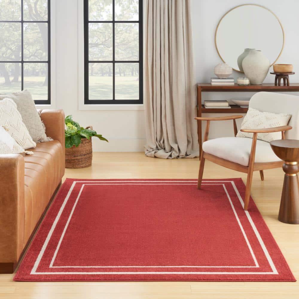 Nourison Essentials Solid Bordered Low Pile Indoor Outdoor Area Rug 5' x 7' Brick/Ivory