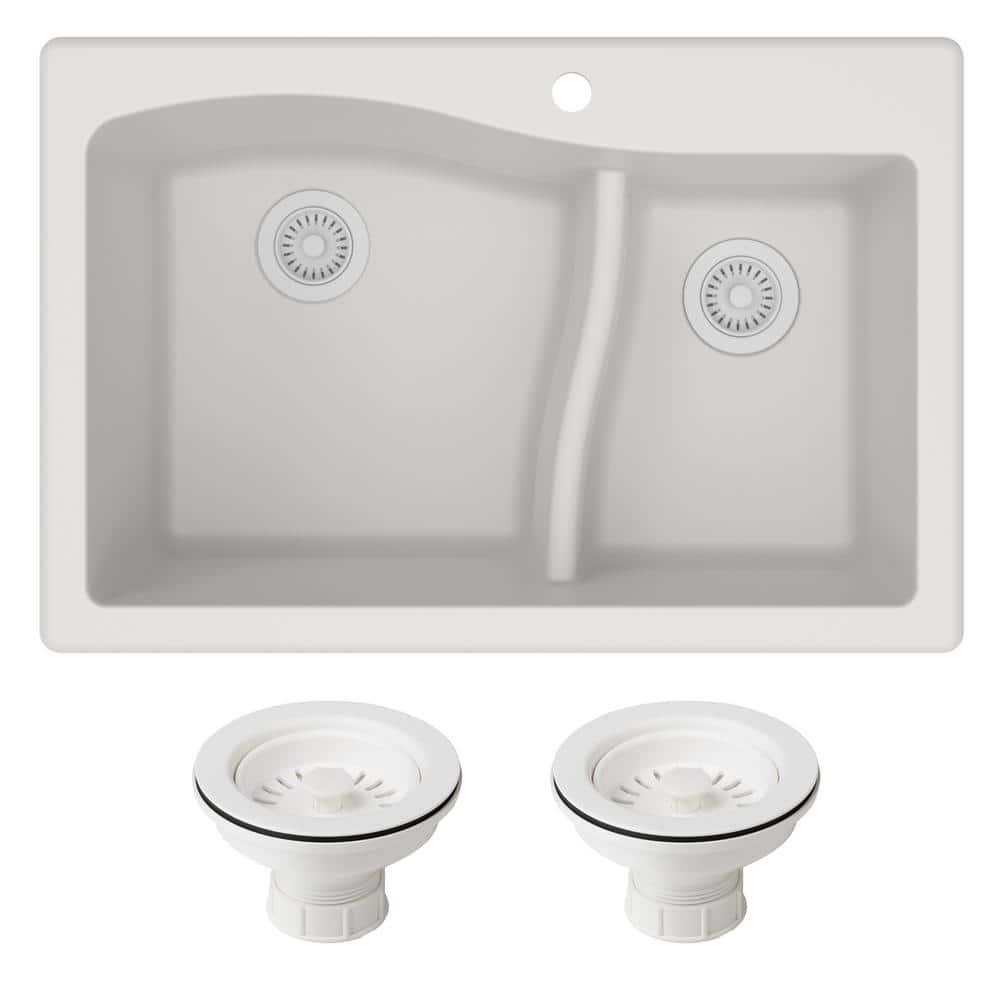 Kraus KRAUS Quarza™ 33" L Dual Mount 60/40 Double Bowl Granite Kitchen Sink and Strainers KGD-442WHITE-PST1-WH
