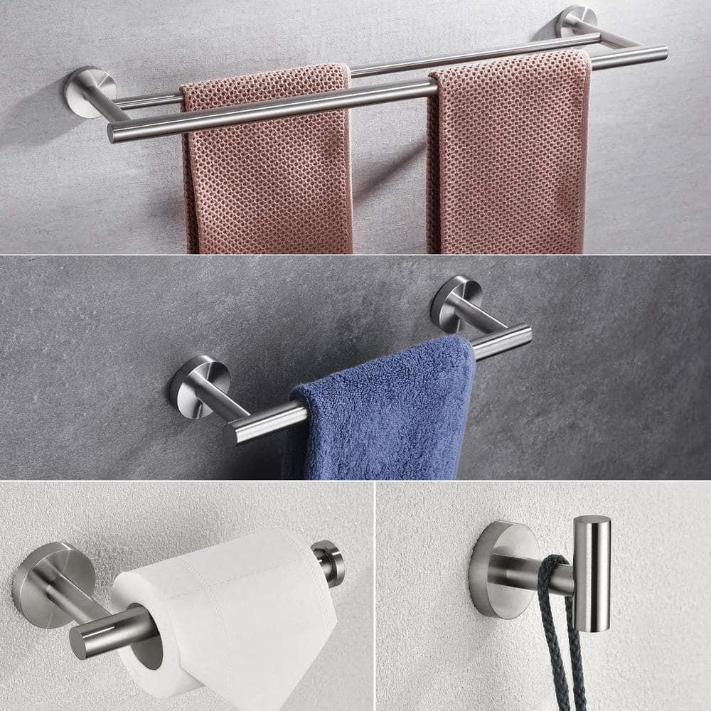 4-Piece Bathroom Accessories Set Brushed Stainless Steel Wall Mount - Includes Double Towel Bar, Hand Towel Rack, Toilet Paper Holder, Robe Hooks, BS100S4-BN