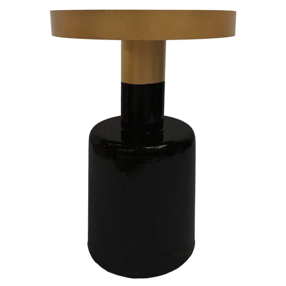The Urban Port 20" Round Side End Table Gold Banded Natural White Marble Top Black Enamel Coated Iron Pedestal Base White/Gold