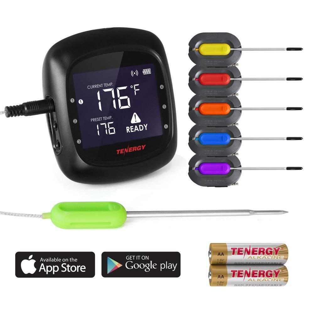 Tenergy Solis Digital Meat Thermometer, APP Controlled Wireless Bluetooth Smart BBQ Thermometer w/ 6 Stainless Steel Probes, Large LCD Display, Carrying Case, Cooking Thermometer for Grill & Smoker