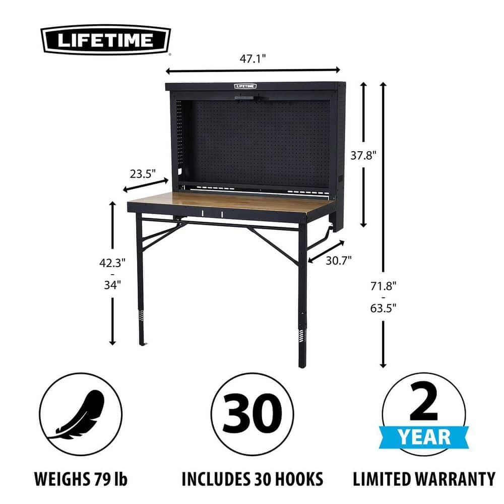 Lifetime Wall Mounted Pegboard Shelf Storage Wood and Steel Folding Work Table