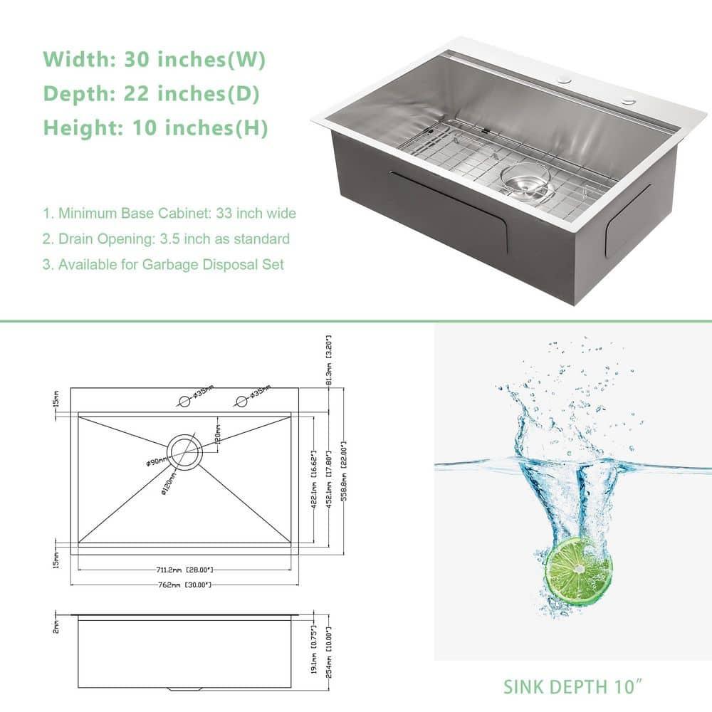 Sarlai S-LTS3022A1 30" L x 22" W Drop-In Workstation Single Bowl Stainless Steel Kitchen Sink