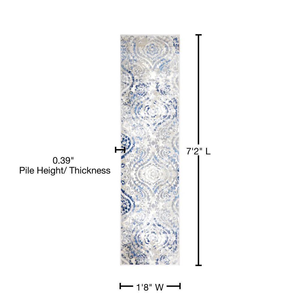 Home Dynamix Melrose Audrey Ogee Damask Runner Area Rug, Ivory/Blue, 1'8"x7'2"