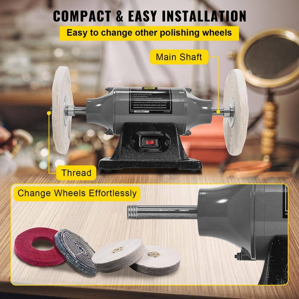 VEVOR Bench Buffer Polisher, 1/2HP Polishing Buffing Machine, 0 to 8000RPM Benchtop Polisher Grinder with 4" Cloth Wheel, 3" Grinding Wheel & 3" Fiber Wheel for Metal, Jewelry, Wood and Plastic