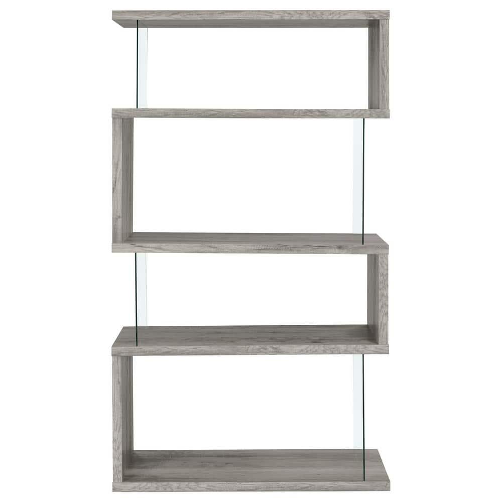 Coaster 63" Emelle 4 Shelf Zig Zag Bookcase with Glass Panels Gray Driftwood: Modern Style, Laminated Melamine Veneer, Metal Hardware