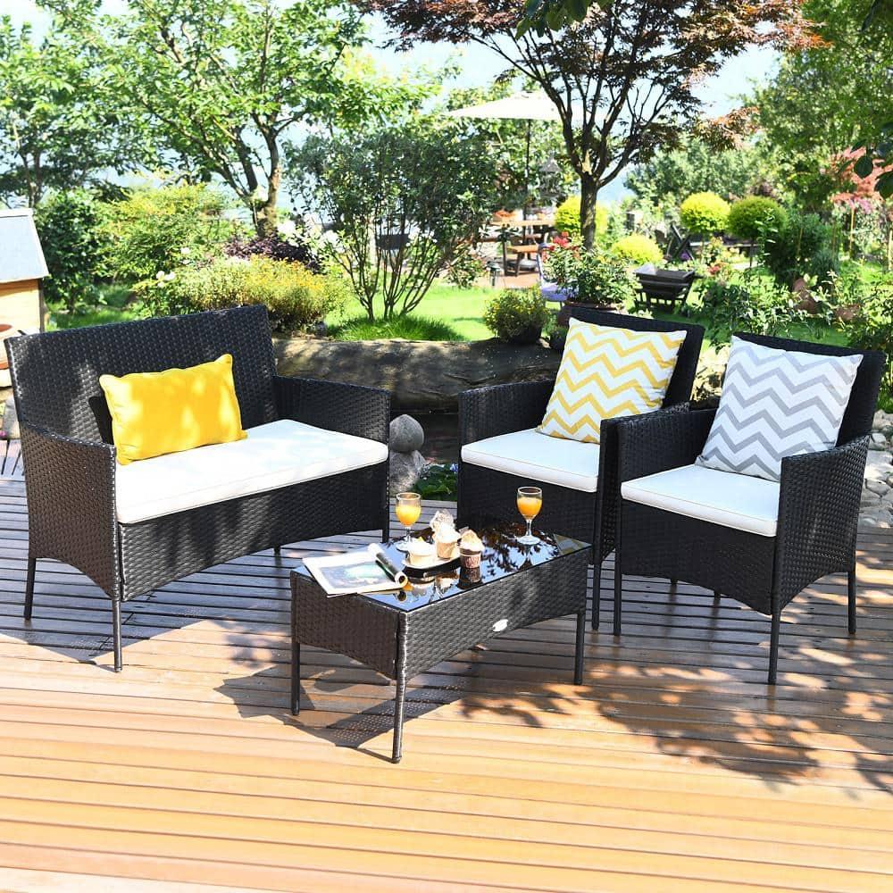 Costway 4PCS Patio Rattan Furniture Set Cushioned Sofa Coffee Table Backyard Porch White