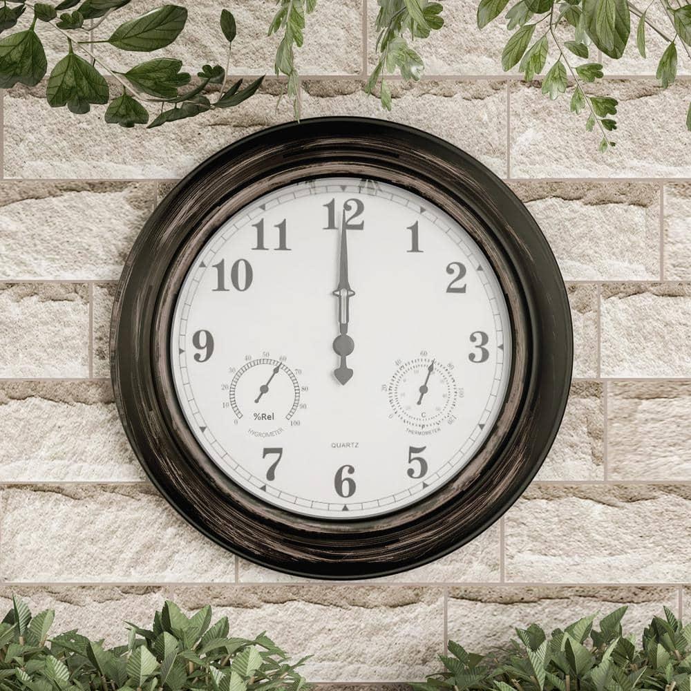Pure Garden 18” Outdoor Clock with Thermometer & Hygrometer – Waterproof Wall Clock, Bronze Finish