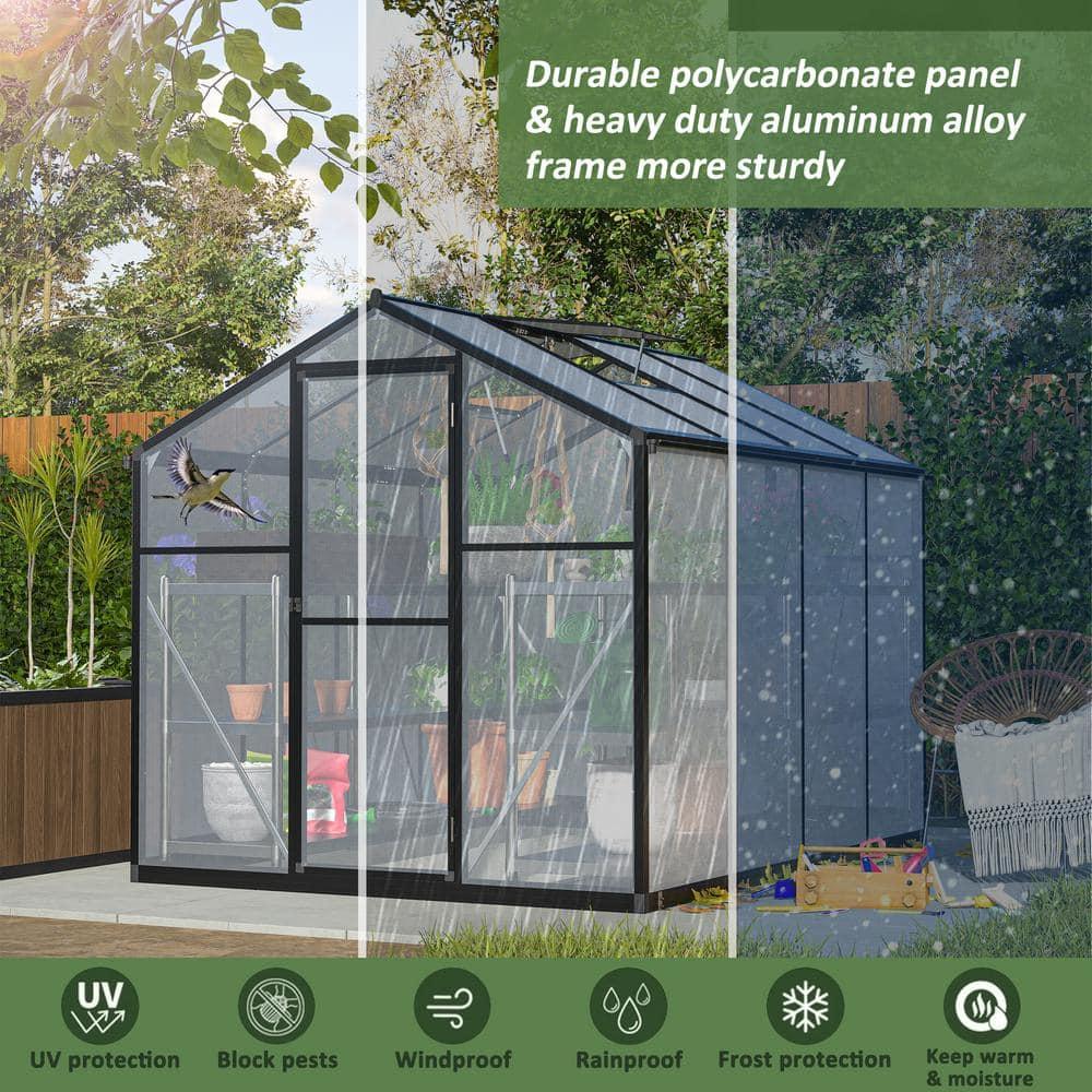 LZBEITEM Outdoor 6'x8' Wall-in Greenhouse Polycarbonate Aluminum Plant Patio Grow House Garden Shed Kit, Black