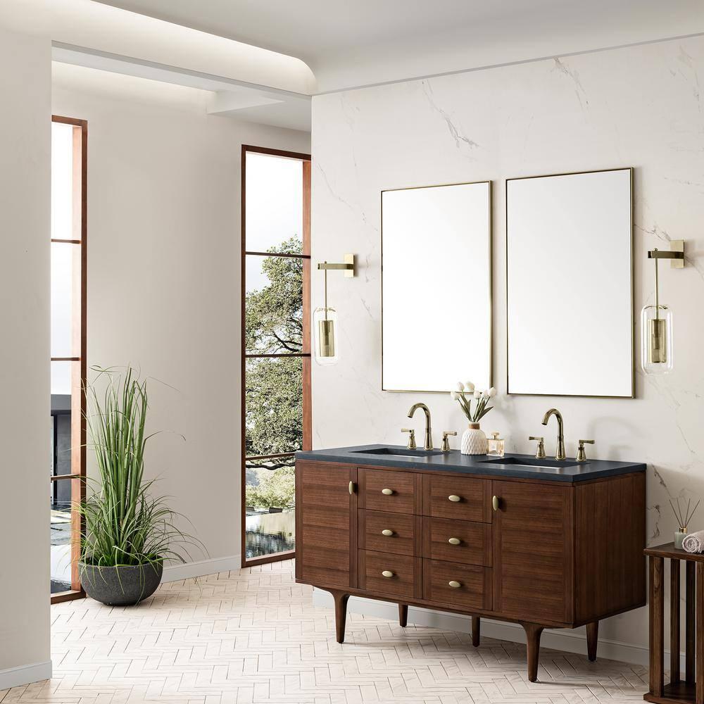 Amberly 60" Walnut Double Vanity Base with Brass Knobs