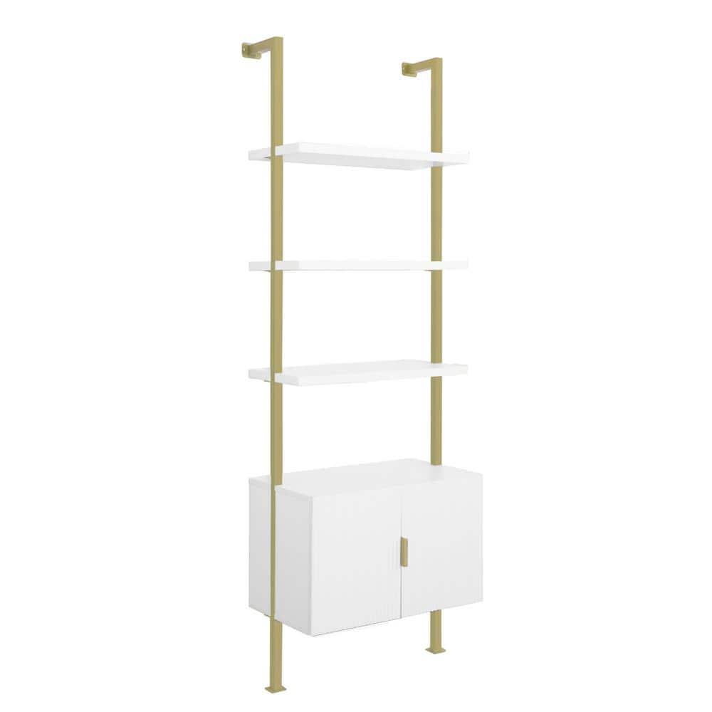 Nathan James Theo Mid-Century Modern Bookcase with Cabinet Fluted Texture, White Open Shelves and Brass Metal Frame Living Room, Home Office Storage