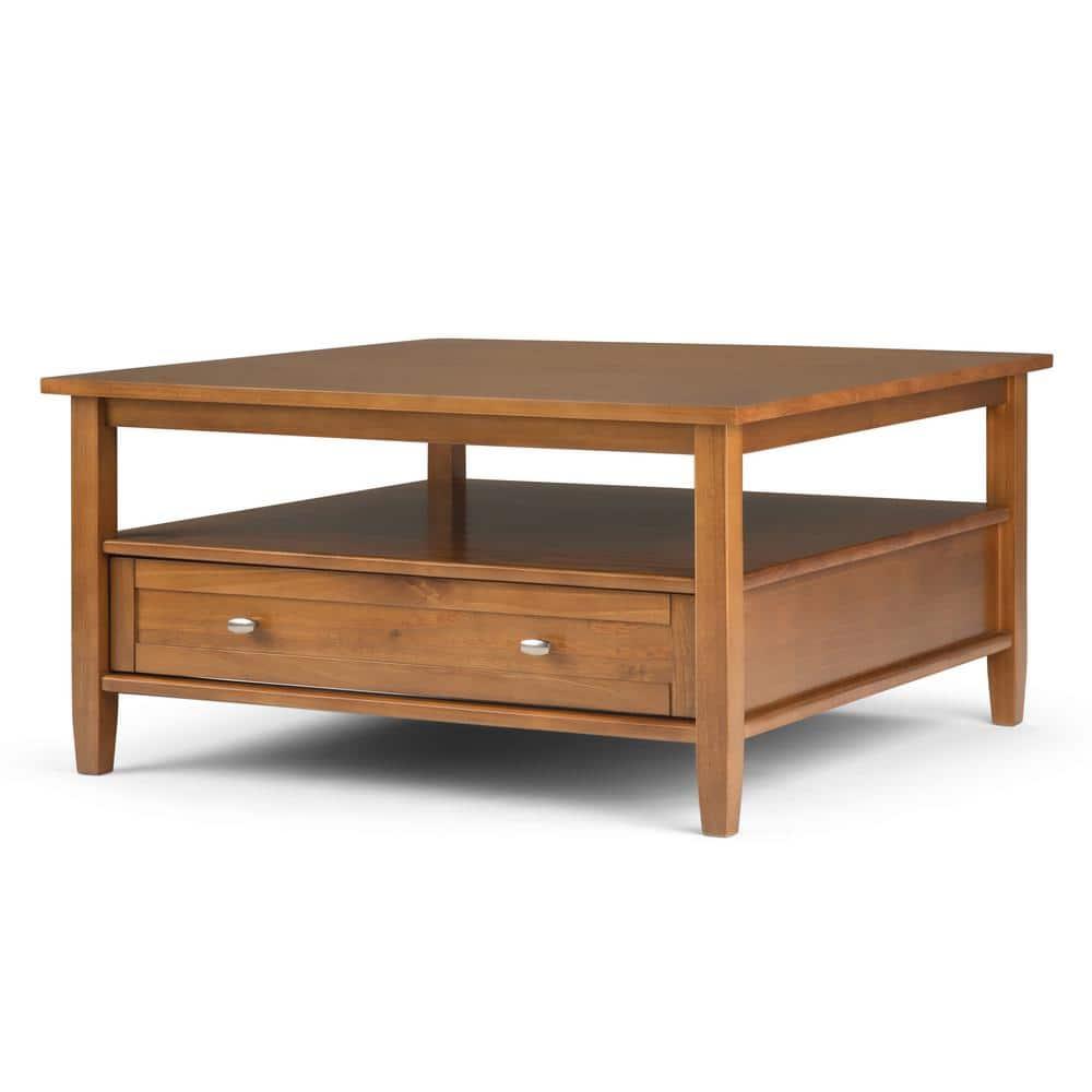 Simpli Home Warm Shaker 36"W Solid Wood Square Coffee Table with Two Drawers and Open Shelf