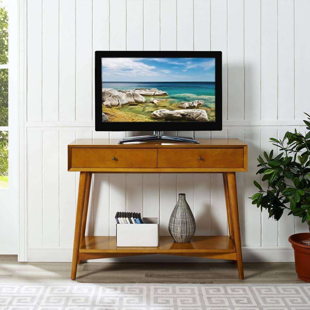 Crosley Landon Console Table Acorn: Mid-Century Modern Design, Hardwood with Open Shelf & Drawer
